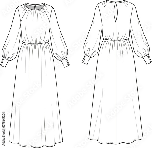 Long sleeve gathered dress cad, vector fashion sketch, technical drawing, stylish outfit, flat illustration, front back view, elegant silhouette