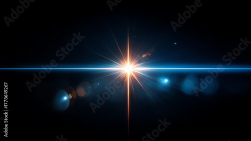 Wallpaper Mural Bright starburst light with lens flare effects on a dark background, emitting horizontal and vertical beams, surrounded by soft blue and orange glowing orbs Torontodigital.ca