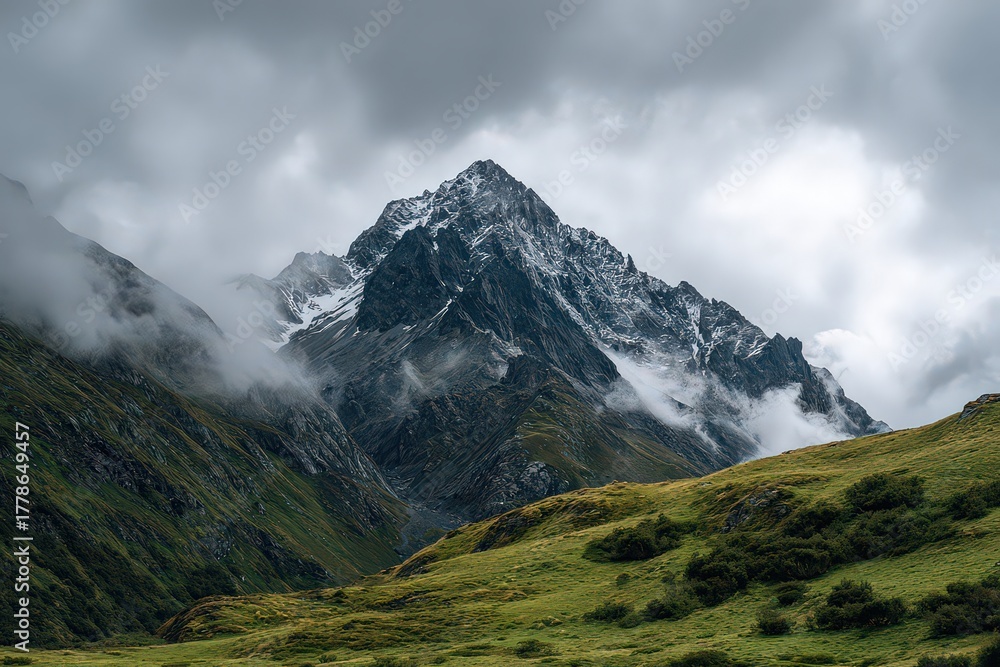 Fototapeta premium Mountain Peak Surrounded By Clouds Under Overcast Skies With Green Vegetation in Foreground