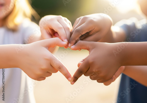 Diverse hands of children forming a heart shape, symbolizing love, unity, and connection across different races and cultures