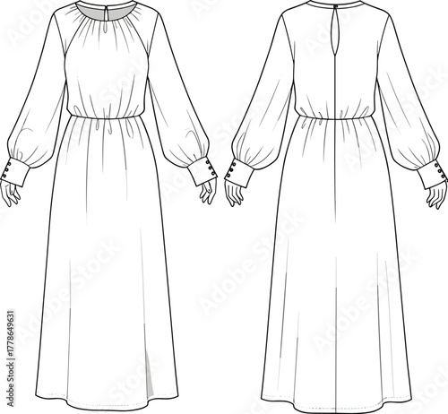 Long sleeve gathered dress fashion flat, vector sketch, technical drawing, full length garment front back, cad template, clothing illustration design