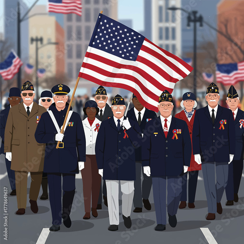 Illustration of a group of people marching down a city street with an American flag in the foreground on a sunny day.
