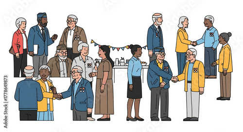 Illustration of diverse senior people socializing and greeting each other in a casual gathering with a colorful bunting.