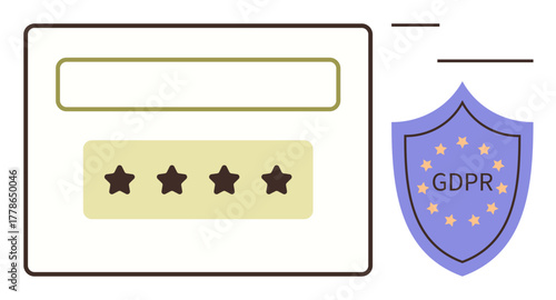 Password field with stars and data security shield labeled GDPR. Ideal for privacy, protection, compliance, cybersecurity, EU regulations, secure access, data management. Simple flat metaphor