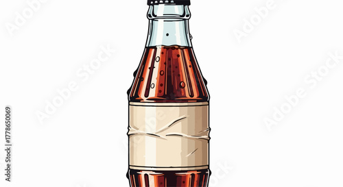 Refreshing glass bottle filled with dark bubbly beverage and blank label