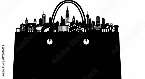 Black silhouette of a shopping bag filled with a city skyline and landmarks.