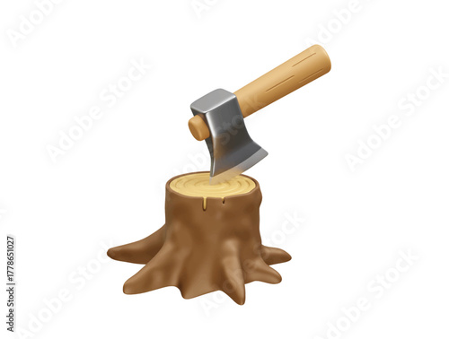 Axe Embedded in a Tree Stump icon 3d rendering illustration