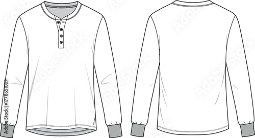 Long sleeve Henley shirt, button neck detail, fashion flat sketch, CAD technical illustration, vector apparel design, casual shirt template