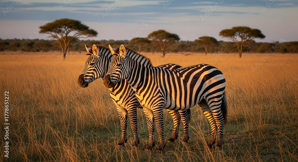 Obraz premium Majestic zebras stand peacefully in golden savanna grass bathed in warm sunset light, a stunning African wildlife scene