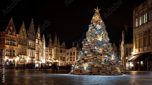 A modern minimalist Christmas tree made from stacked books with simple elegant decorations A towering Christmas tree in a bustling European town square, illuminated with festive lights