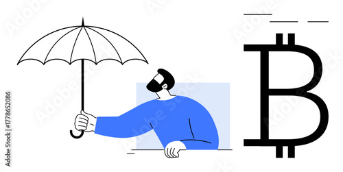 Man holding umbrella symbolizing protection near Bitcoin symbol. Ideal for finance, cryptocurrency, blockchain, security, investment, insurance, safeguarding wealth, simple flat metaphor