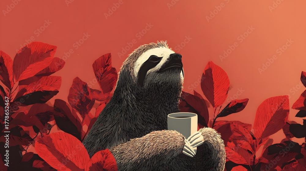 Obraz premium Mammal creature rests enjoying a warm beverage surrounded by vivid foliage under a reddish sky