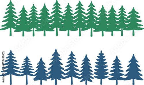 Two rows of stylized evergreen trees are depicted in green and blue.
