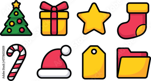 A collection of festive Christmas icons includes a tree, gift, star, stocking, candy cane, hat, tag, and folder.