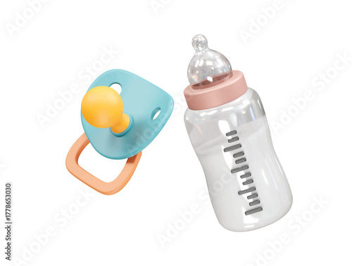 Baby Pacifier and Milk Bottle for Newborn icon 3d rendering illustration