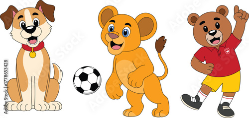 Cute cartoon dog lion and bear playing football vector illustration, funny animal characters for kids sports and education design