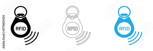 Streamlined RFID keyfob icons for secure access solutions,Radio-frequency identification (RFID) key fob with button icon,Vector key fob icon with the NFC Payment concept of contactless payment