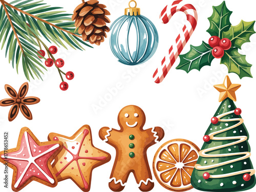 A festive collection of watercolor Christmas ornaments, gingerbread cookies, and seasonal foliage is artfully arranged.