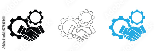 Strategic partnership handshake with gear wheels for business solutions,organization. Workforce, employee. Collaboration for success results. Vector illustration
