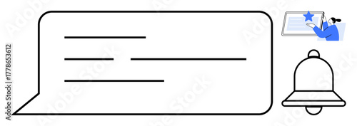 Speech bubble with text lines, alert bell for notifications, user interacting online via screen. Ideal for communication, reminders, digital interaction, feedback, alerts, messaging