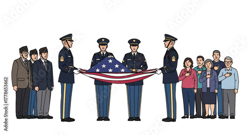 Illustration of military personnel and civilians gathered around a folded American flag on a white background.