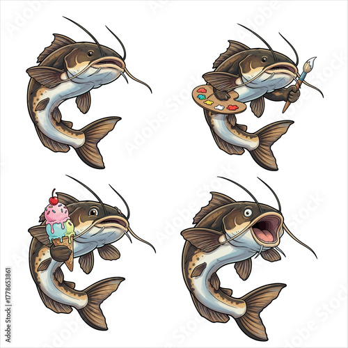 Cartoon catfish with different activities fish set