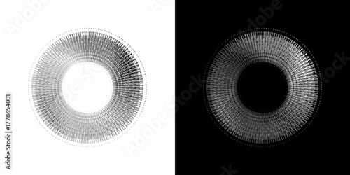 Dynamic abstract spiral sound wave rhythm lines. Circular spiral sound wave rhythm of lines. Circular futuristic abstract lines, black and white background.	