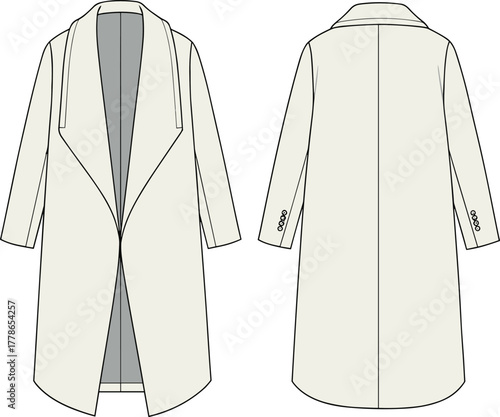 Long sleeve overcoat flat sketch, fashion CAD drawing vector template, outerwear technical illustration for clothing design, tailored coat mockup