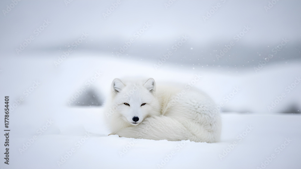 Fototapeta premium Arctic Fox Curled Up Sleeping in the Snow During a Winter Landscape