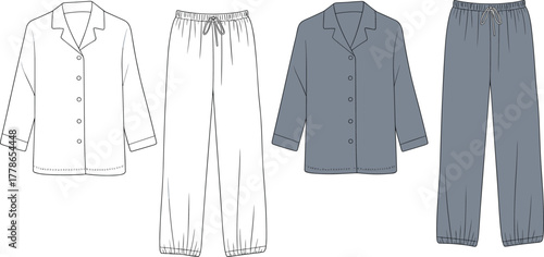 Long sleeve pajama set flat sketch, elastic waist pants, button front shirt, sleepwear design, fashion cad drawing, vector illustration