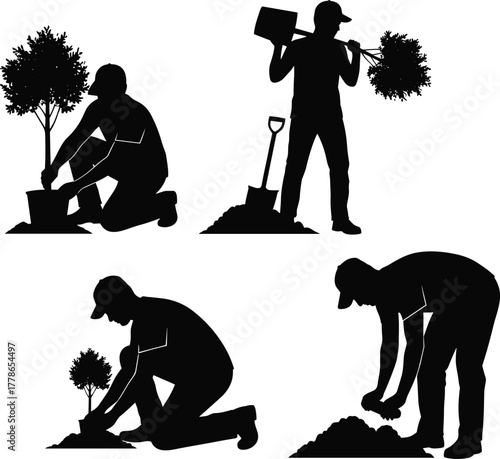 Silhouette vector illustration of man planting young trees, gardening and eco-friendly activity promoting environmental conservation, sustainability, green lifestyle, and nature protection concept