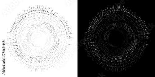 Dynamic abstract spiral sound wave rhythm lines. Circular spiral sound wave rhythm of lines. Circular futuristic abstract lines, black and white background.	