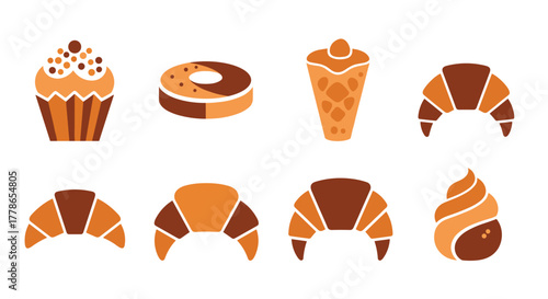 A collection of flat design vector icons showcasing various sweet desserts and pastries like cupcakes, donuts, croissants, and ice cream.
