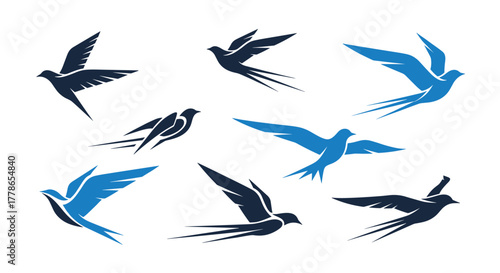 Collection of stylized flying birds in various dynamic poses, rendered in minimalist blue and black vector designs.