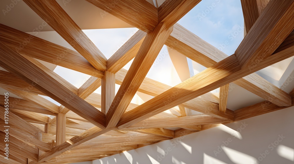Obraz premium Intricate wooden truss ceiling structure allows natural sunlight to illuminate the bright interior space