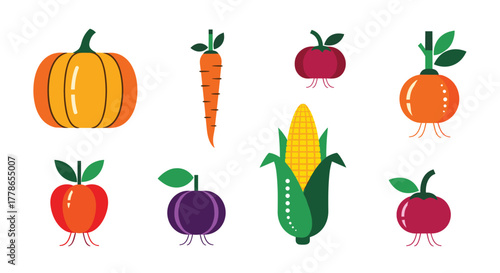 A diverse and colorful collection of fresh farm produce, featuring popular vegetables like pumpkin, carrot, corn, and various root vegetables.