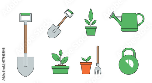 A collection of essential gardening tools and potted plants for cultivation, symbolizing growth and outdoor hobby activities.