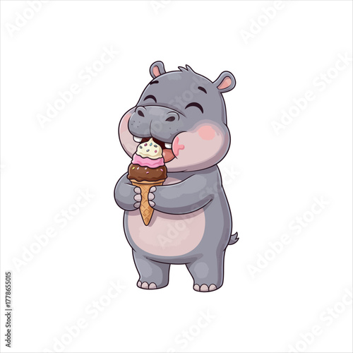 A cute cartoon hippo is standing and eating a delicious ice cream cone