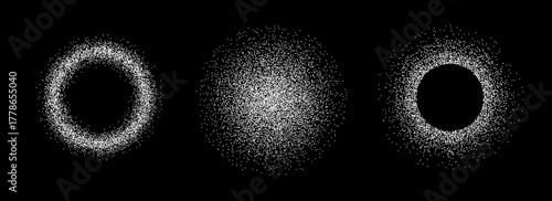 White salt powder frame set. Snow or flour texture. Round dust effect isolated on black background