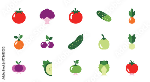 A vibrant collection of minimalistic flat-design icons showcasing a variety of fresh fruits and vegetables in a grid.
