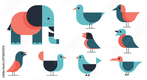 A playful collection of flat design animal illustrations featuring an elephant and a diverse group of birds.