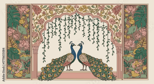 Mughal garden wallpaper with flower wall design and peacocks