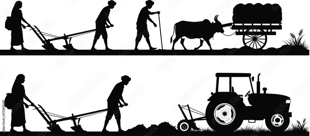 Fototapeta premium Traditional and modern farming silhouettes vector, farmers with oxen and tractor, agriculture work, rural lifestyle, field plowing, countryside farming illustration design