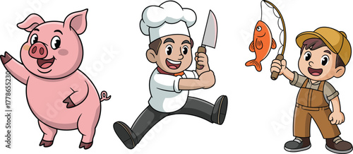 Cute cartoon chef, farmer, and pig characters, fishing and cooking illustration, funny kids animal vector, farm and food mascot