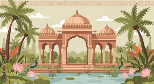 Mughal garden with graceful peacocks, lotus flowers , and an intricate arch frame. 