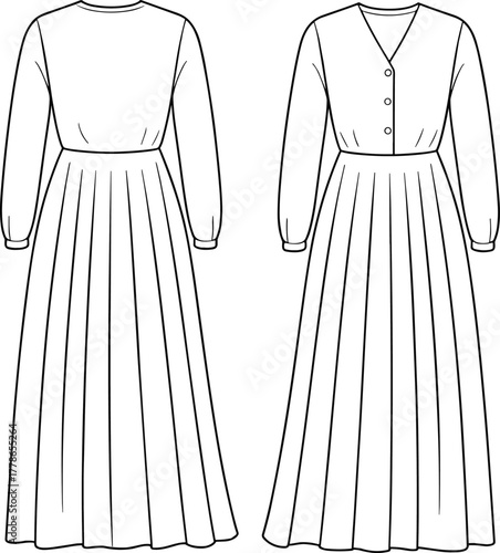 Long sleeve pleated maxi dress technical sketch, front and back view, fashion CAD drawing, flat vector illustration, garment design template