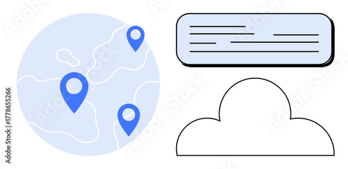 Blue map with location pins, cloud shape, and text input box. Ideal for location tracking, global connectivity, digital maps, data storage, cloud services navigation modern technology. Simple flat
