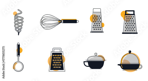 A collection of simple vector illustrations depicting various kitchen utensils and cooking pots, including whisks, graters, and ladles.
