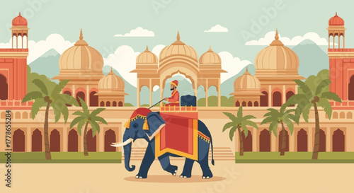 traditional illustration of temple, pillar arch, tropical plant, elephant, tree, palm,