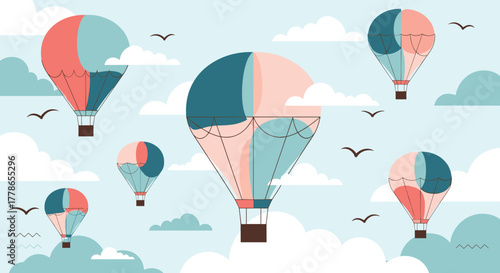 Colorful hot air balloons in various sizes drift across a serene blue sky, surrounded by fluffy white clouds and flying birds, evoking peace and adventure.